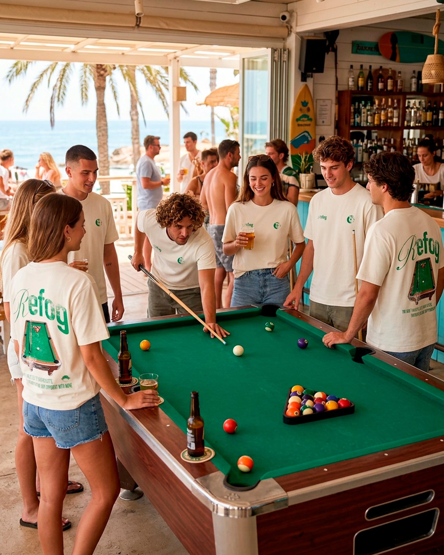 Camiseta Pool oversize blanca de Refog en sesión lifestyle jugando al billar