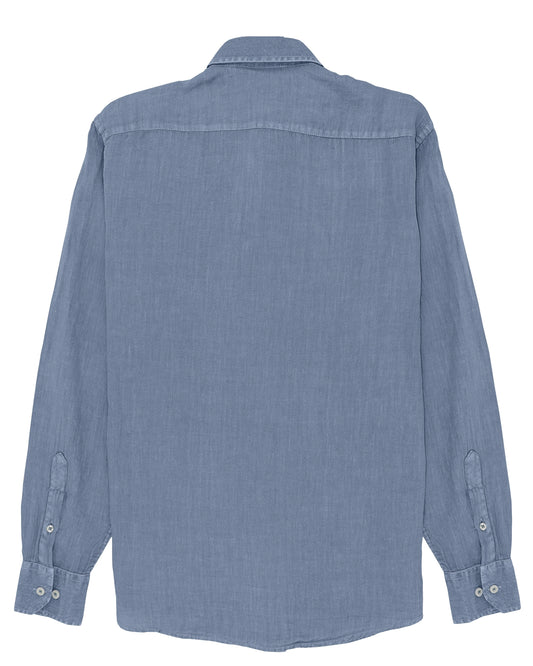 Linen Shirt Blue de Refog vista trasera sobre fondo blanco para mostrar espalda, cuello y caída