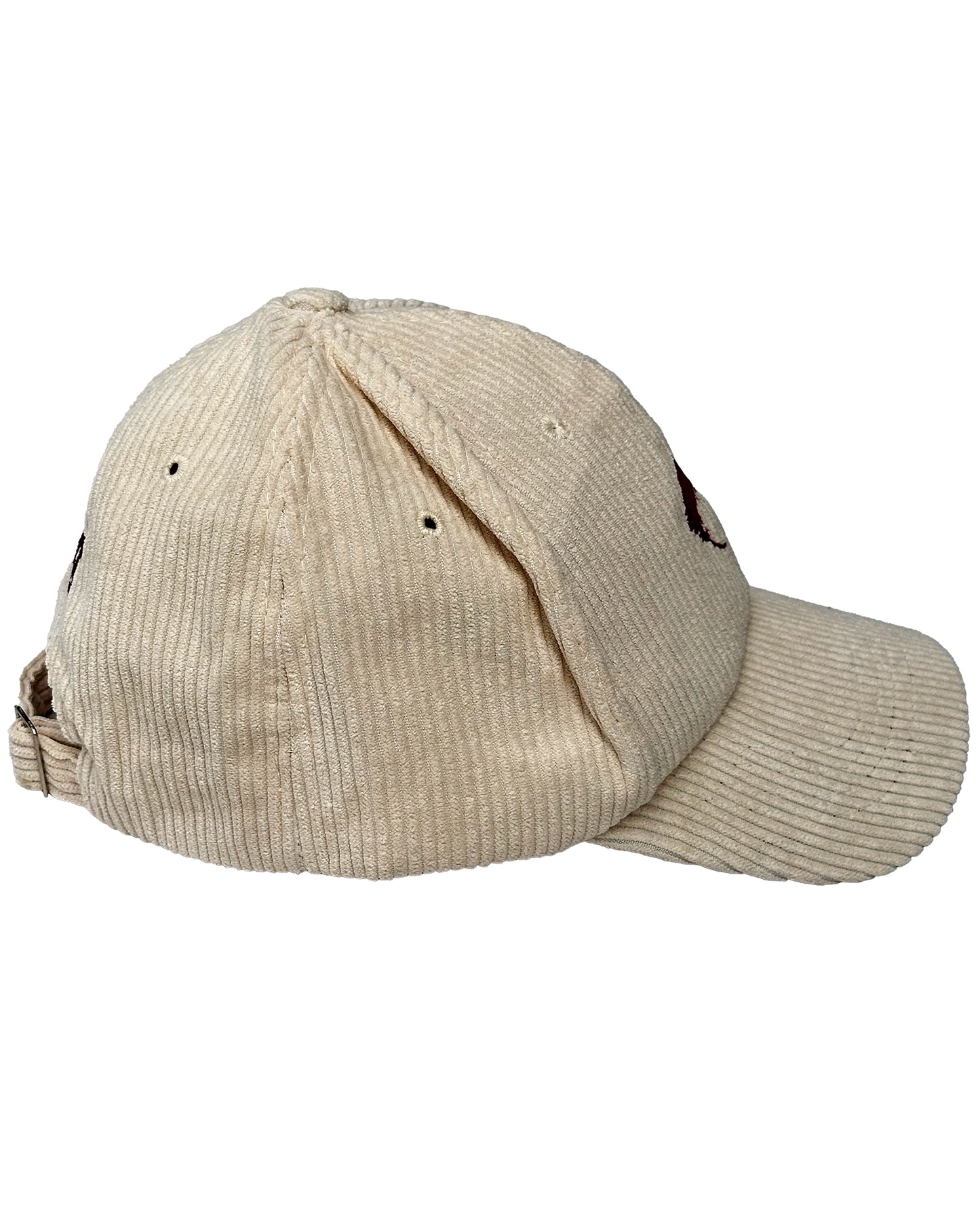Vista lateral de Corduroy Cap Beige de Refog con visera curva.
