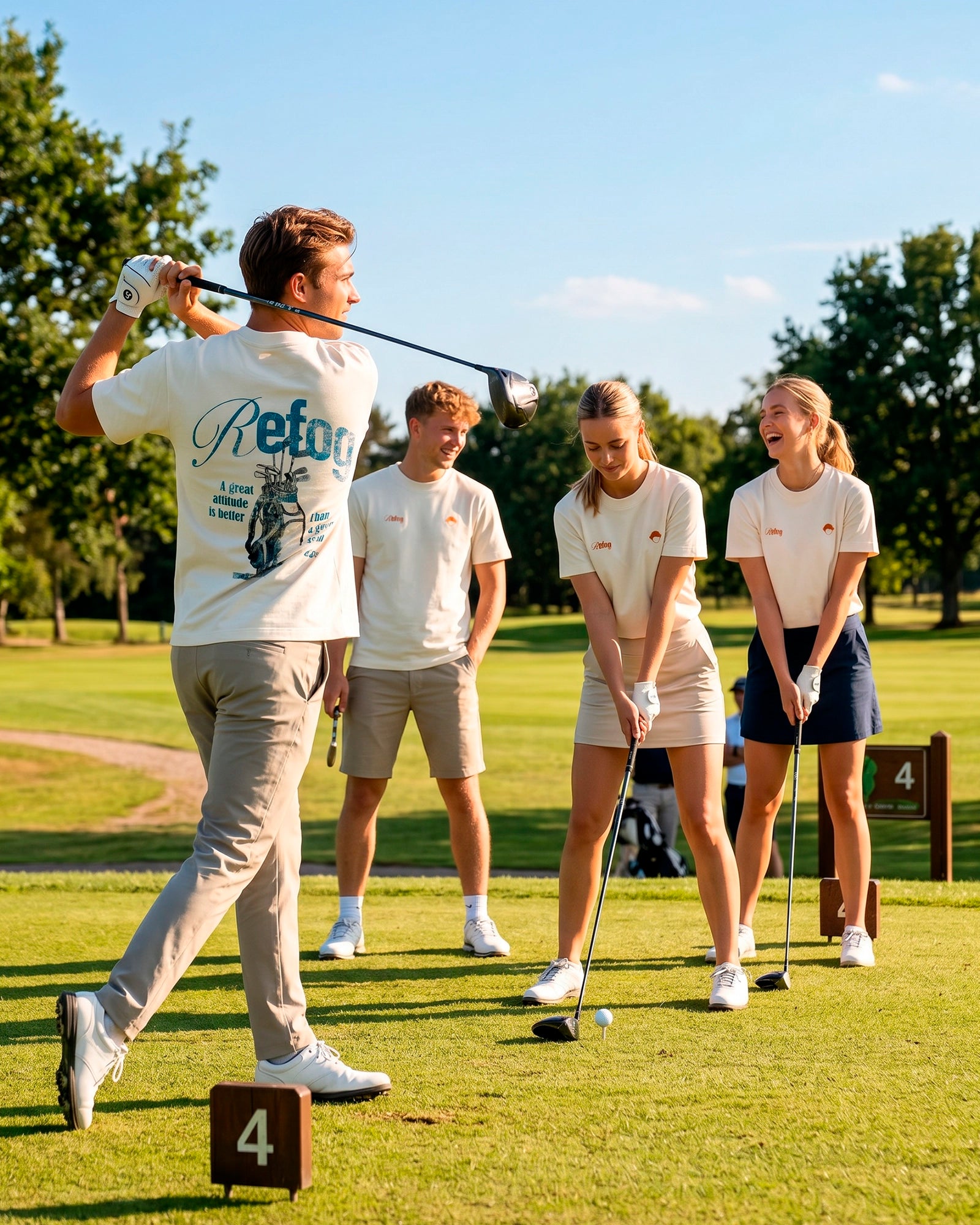 Camiseta Golf oversize blanca de Refog en sesión lifestyle en campo de golf