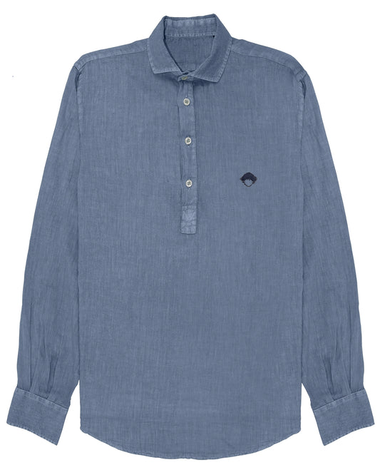 Linen Popover Shirt Blue de Refog vista frontal sobre fondo blanco para mostrar color, tejido y media botonadura