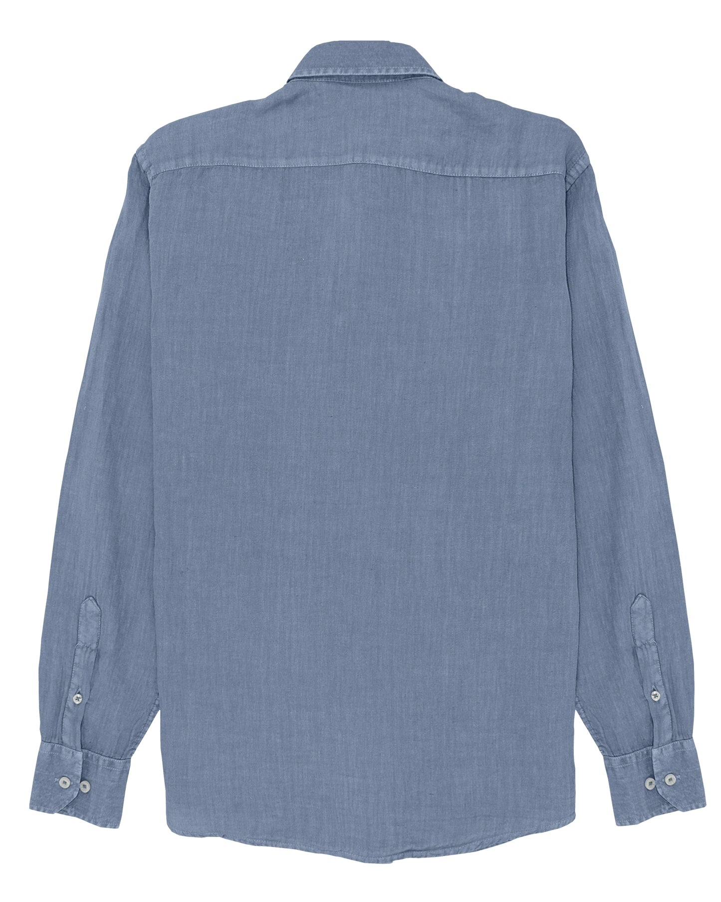 Linen Popover Shirt Blue de Refog vista trasera sobre fondo blanco para mostrar espalda, cuello y caída