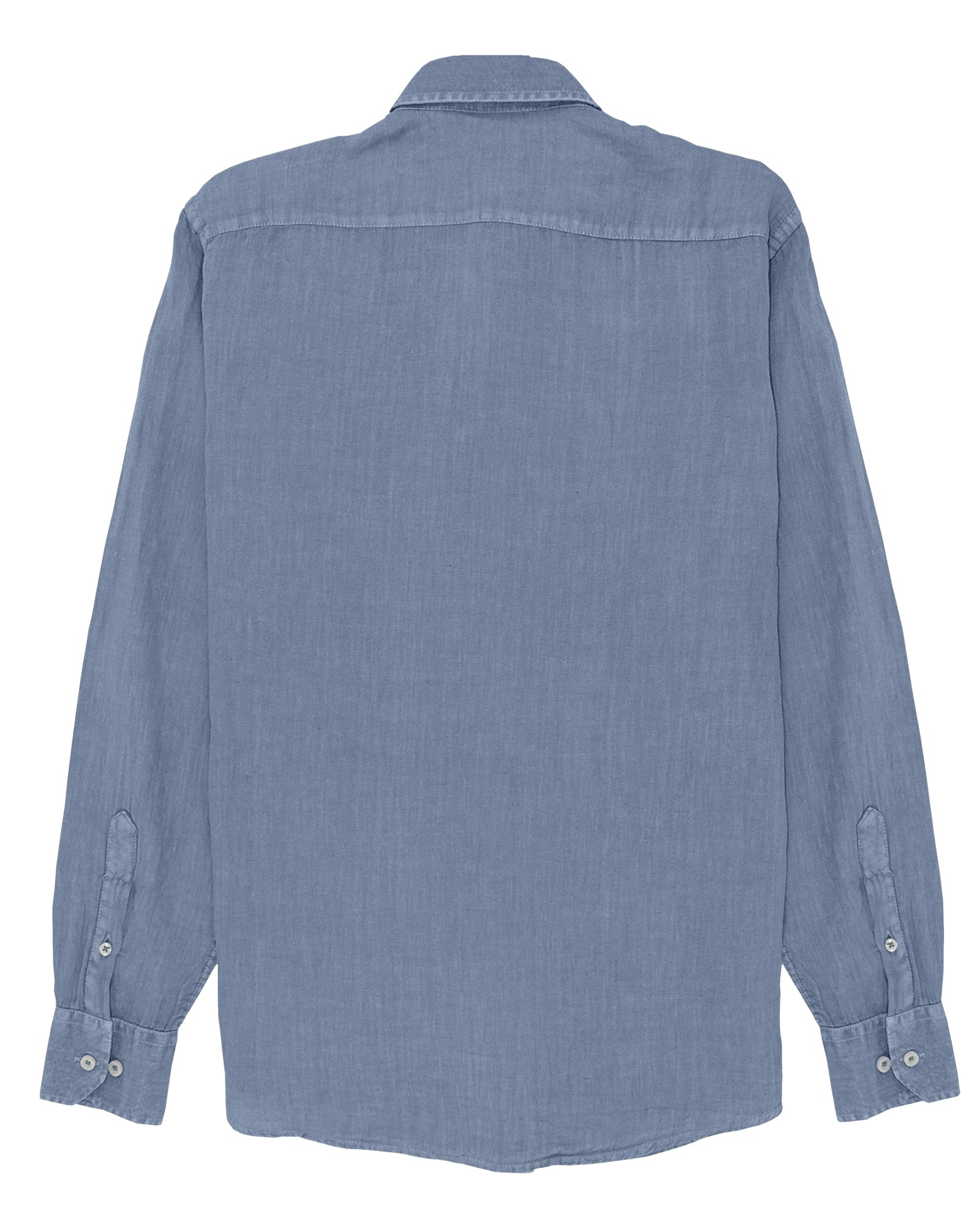 Linen Popover Shirt Blue de Refog vista trasera sobre fondo blanco para mostrar espalda, cuello y caída