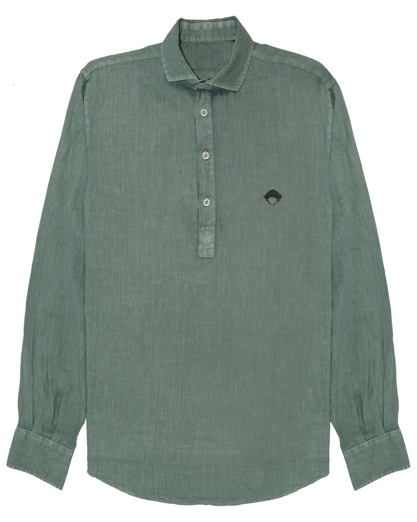 Linen Popover Shirt Green de Refog vista frontal sobre fondo blanco para mostrar color, tejido y media botonadura
