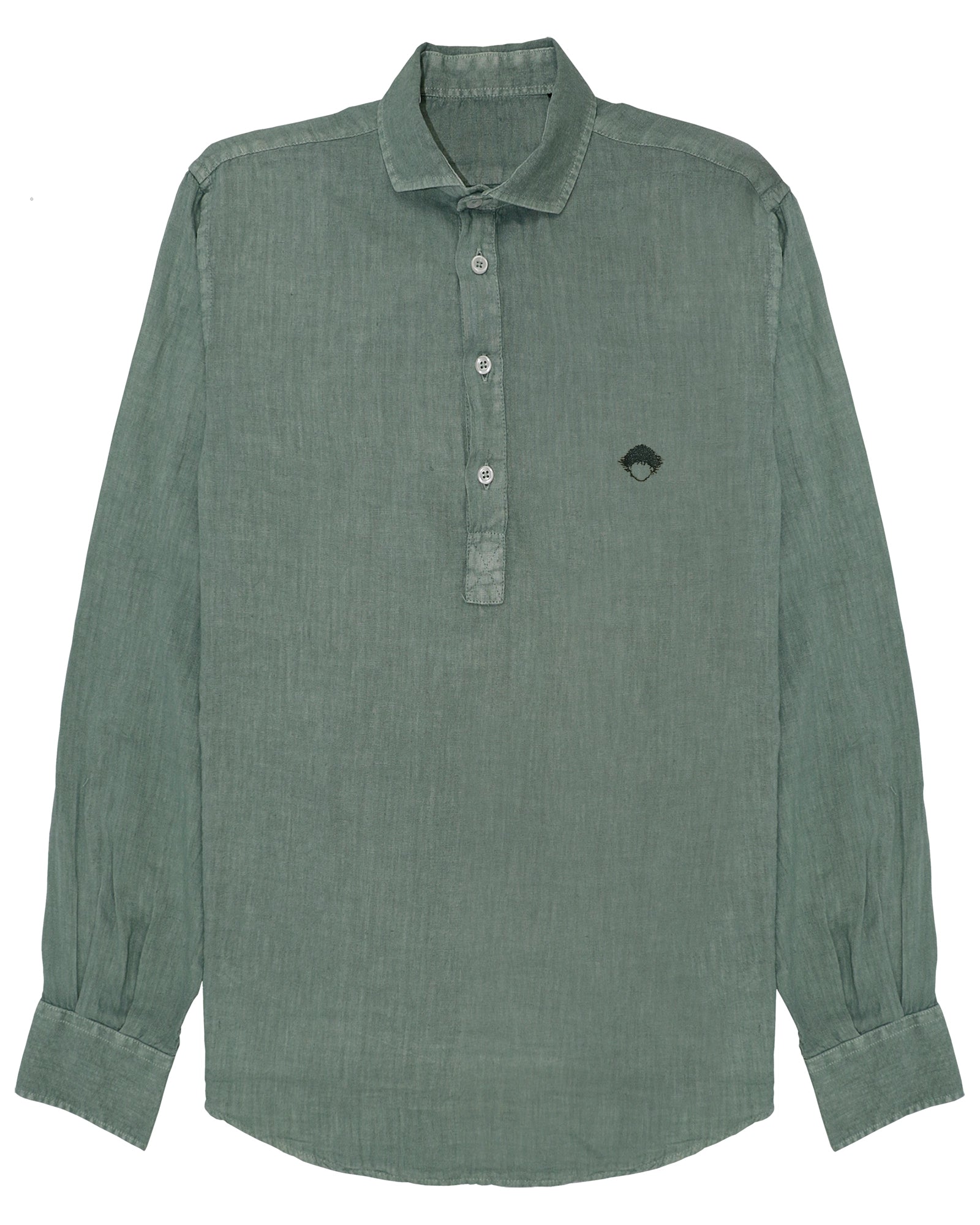 Linen Popover Shirt Green de Refog vista frontal sobre fondo blanco para mostrar color, tejido y media botonadura