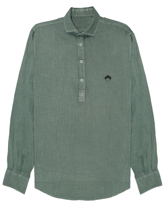 Linen Popover Shirt Green de Refog vista frontal sobre fondo blanco para mostrar color, tejido y media botonadura