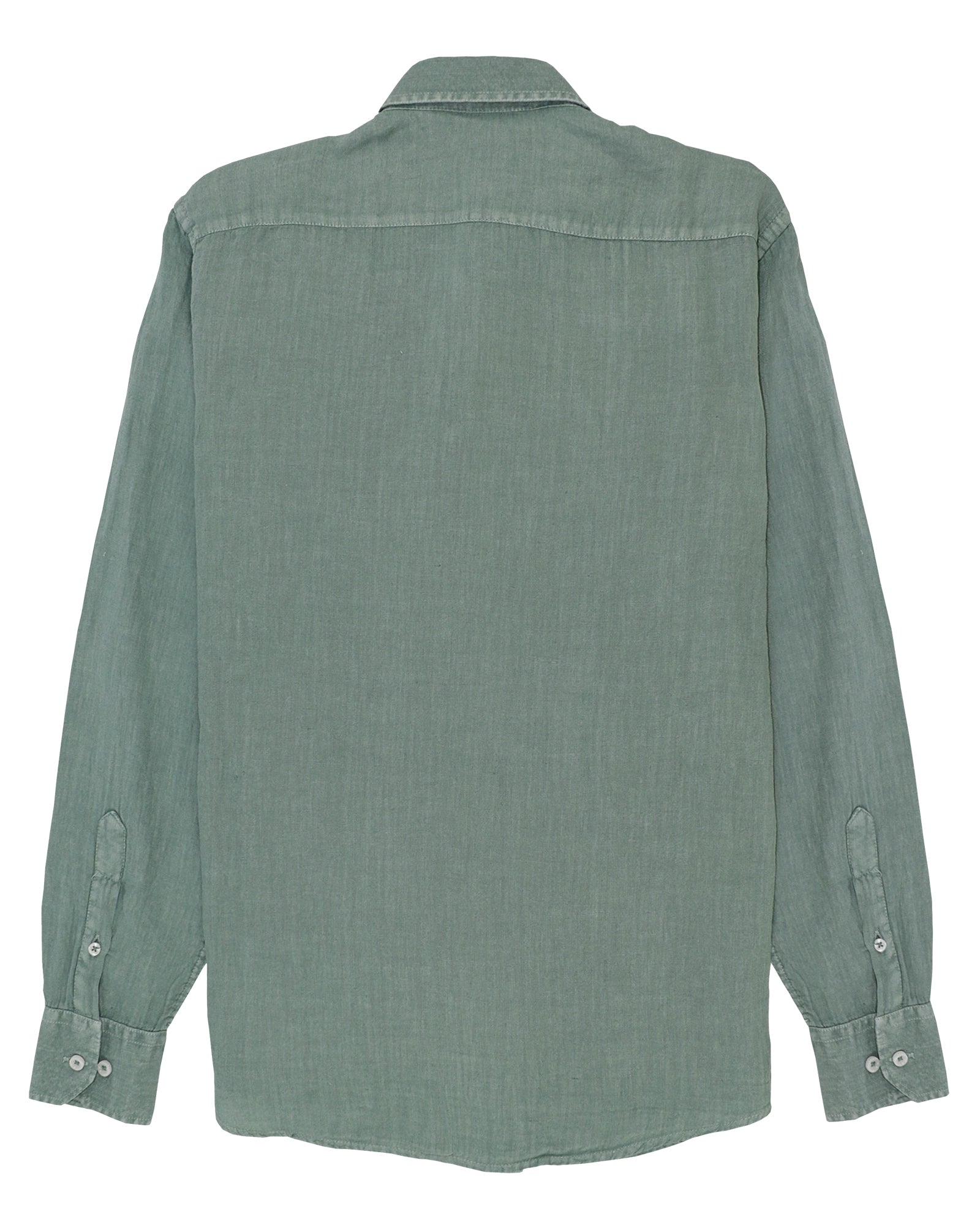 Linen Popover Shirt Green de Refog vista trasera sobre fondo blanco para mostrar espalda, cuello y caída