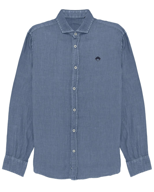 Linen Shirt Blue de Refog vista frontal sobre fondo blanco para mostrar color, tejido y botonadura