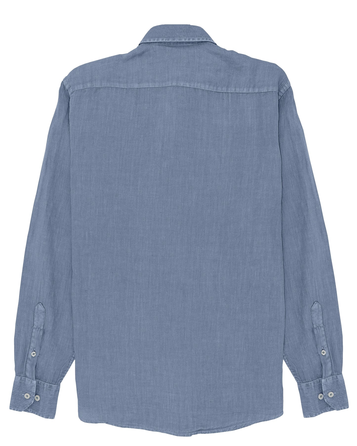 Linen Shirt Blue de Refog vista trasera sobre fondo blanco para mostrar espalda, cuello y caída