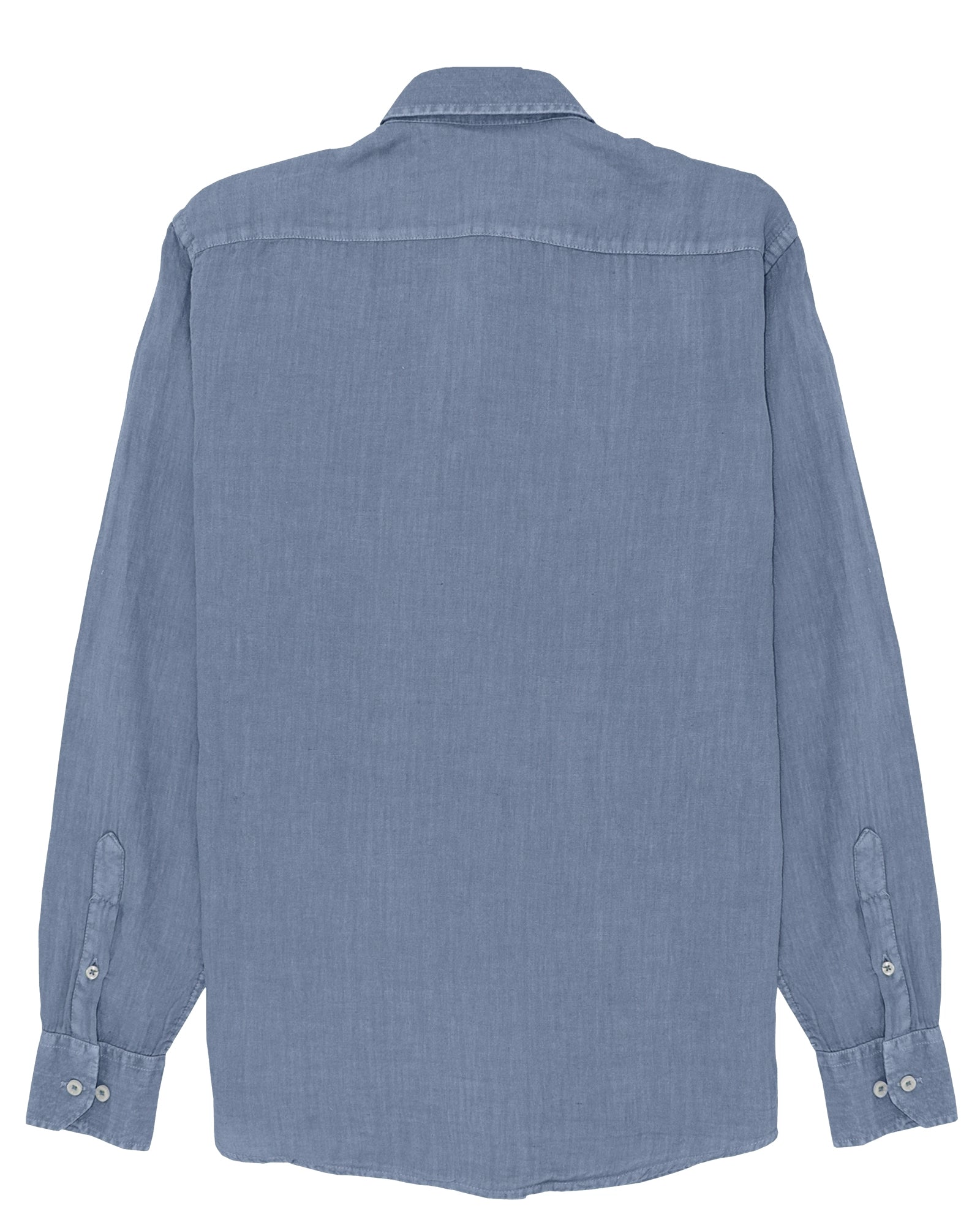 Linen Shirt Blue de Refog vista trasera sobre fondo blanco para mostrar espalda, cuello y caída