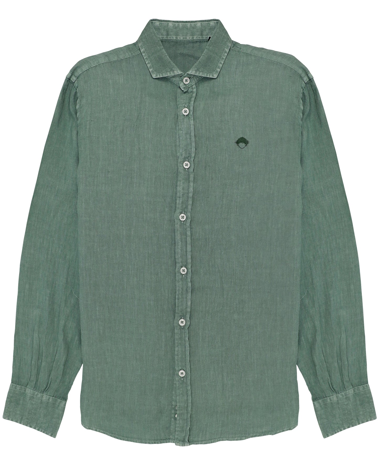 Linen Shirt Green de Refog vista frontal sobre fondo blanco para mostrar color, tejido y botonadura