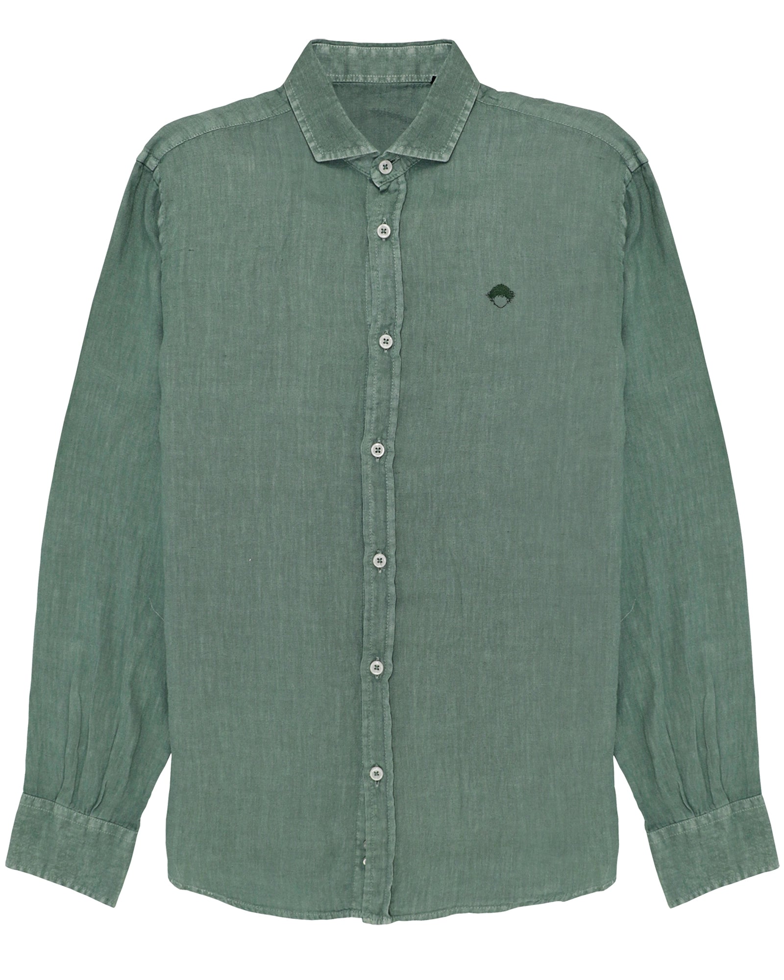 Linen Shirt Green de Refog vista frontal sobre fondo blanco para mostrar color, tejido y botonadura