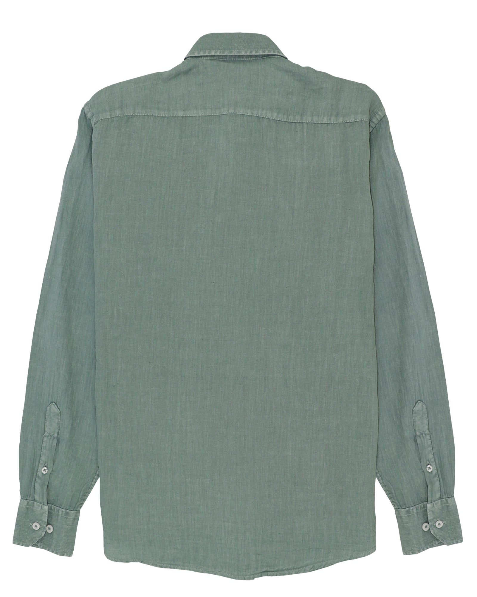 Linen Shirt Green de Refog vista trasera sobre fondo blanco para mostrar espalda, cuello y caída