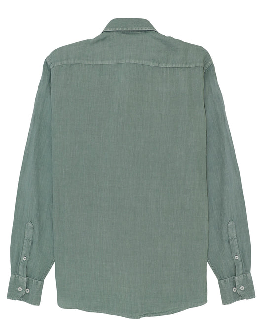 Linen Shirt Green de Refog vista trasera sobre fondo blanco para mostrar espalda, cuello y caída