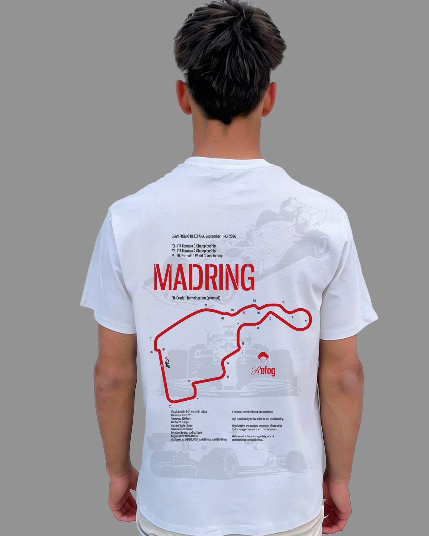 Madring Tee White de Refog en look trasero masculino para mostrar gráfico de espalda, fit y largo