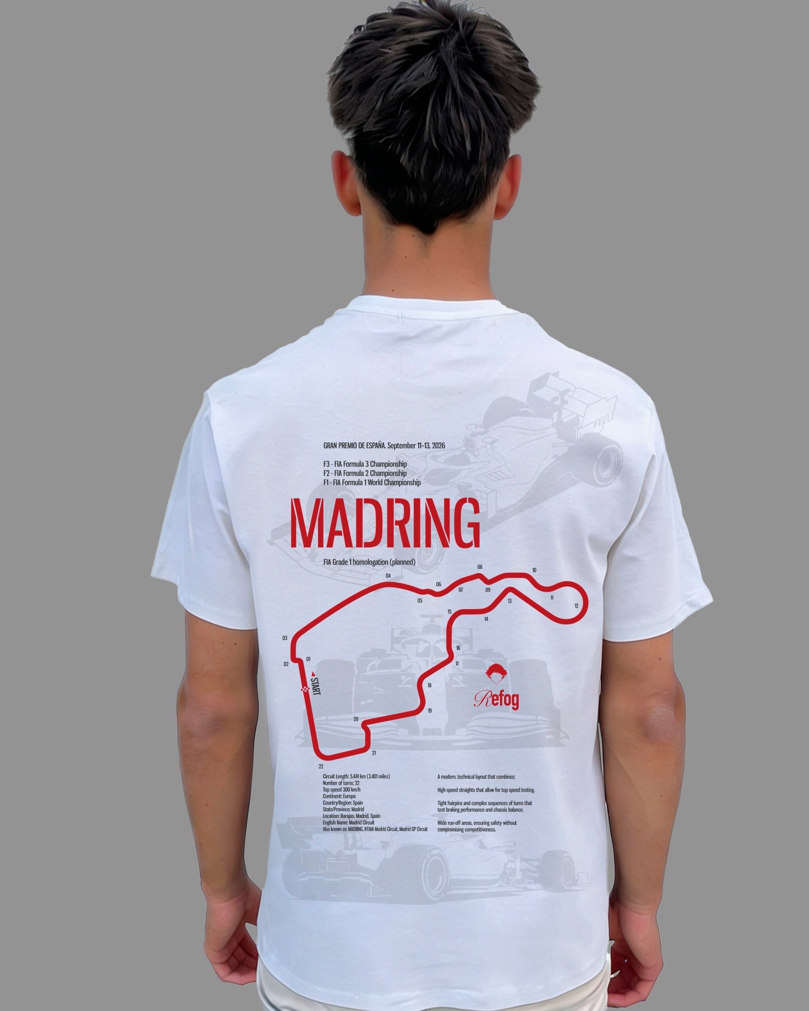 Madring Tee White de Refog en look trasero masculino para mostrar gráfico de espalda, fit y largo