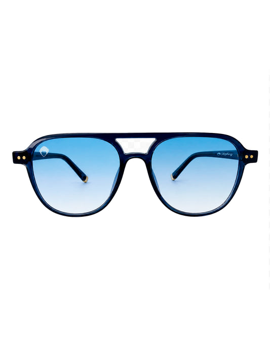 Gafas de sol Ocean de Refog con montura azul translúcida y lentes azul degradado.