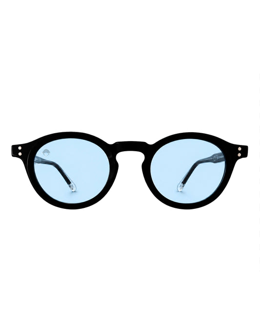 Gafas de sol Round Tardeo de Refog con montura negra redonda y lentes azul claro.