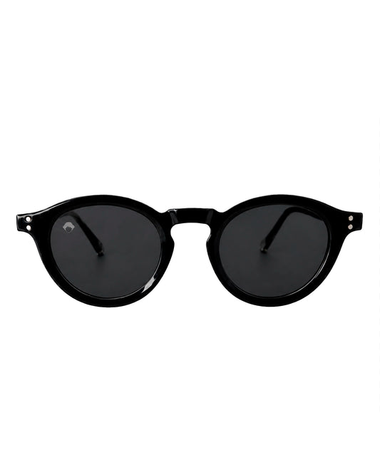 Gafas de sol Shadow de Refog con montura negra redonda y lentes negras.
